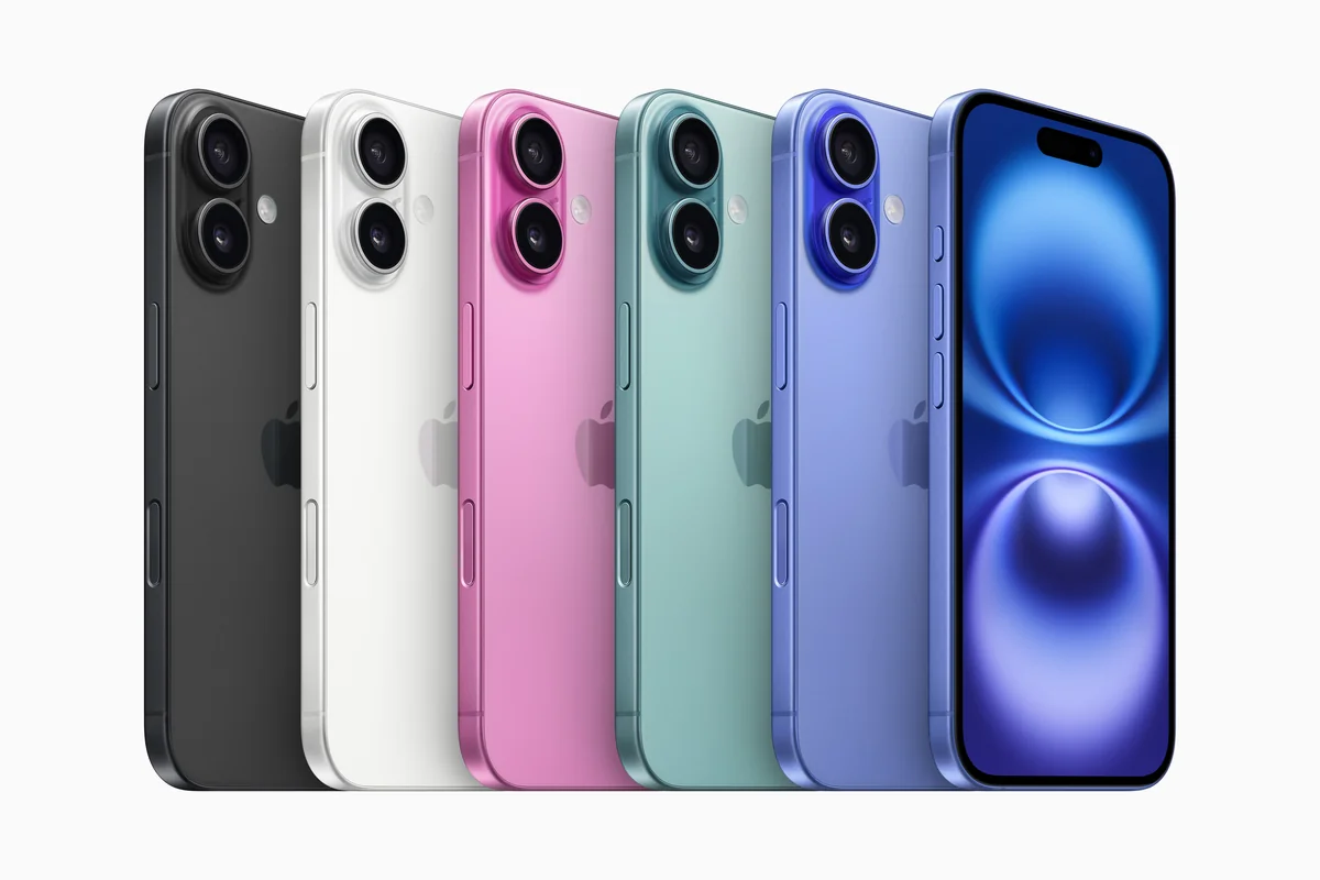 Apple iPhone 16 in ultramarine, teal, pink, white and black finishes