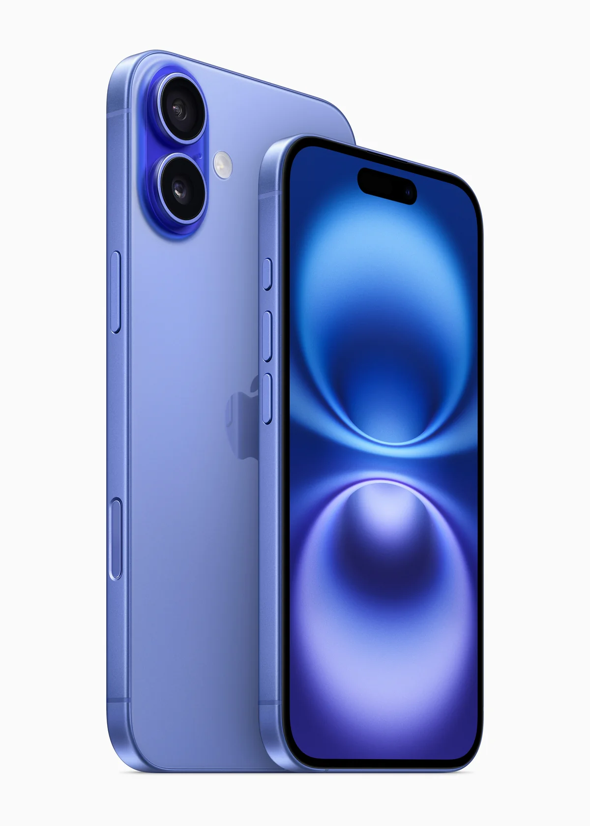 Apple iPhone 16 in Ultramarine, front and back view