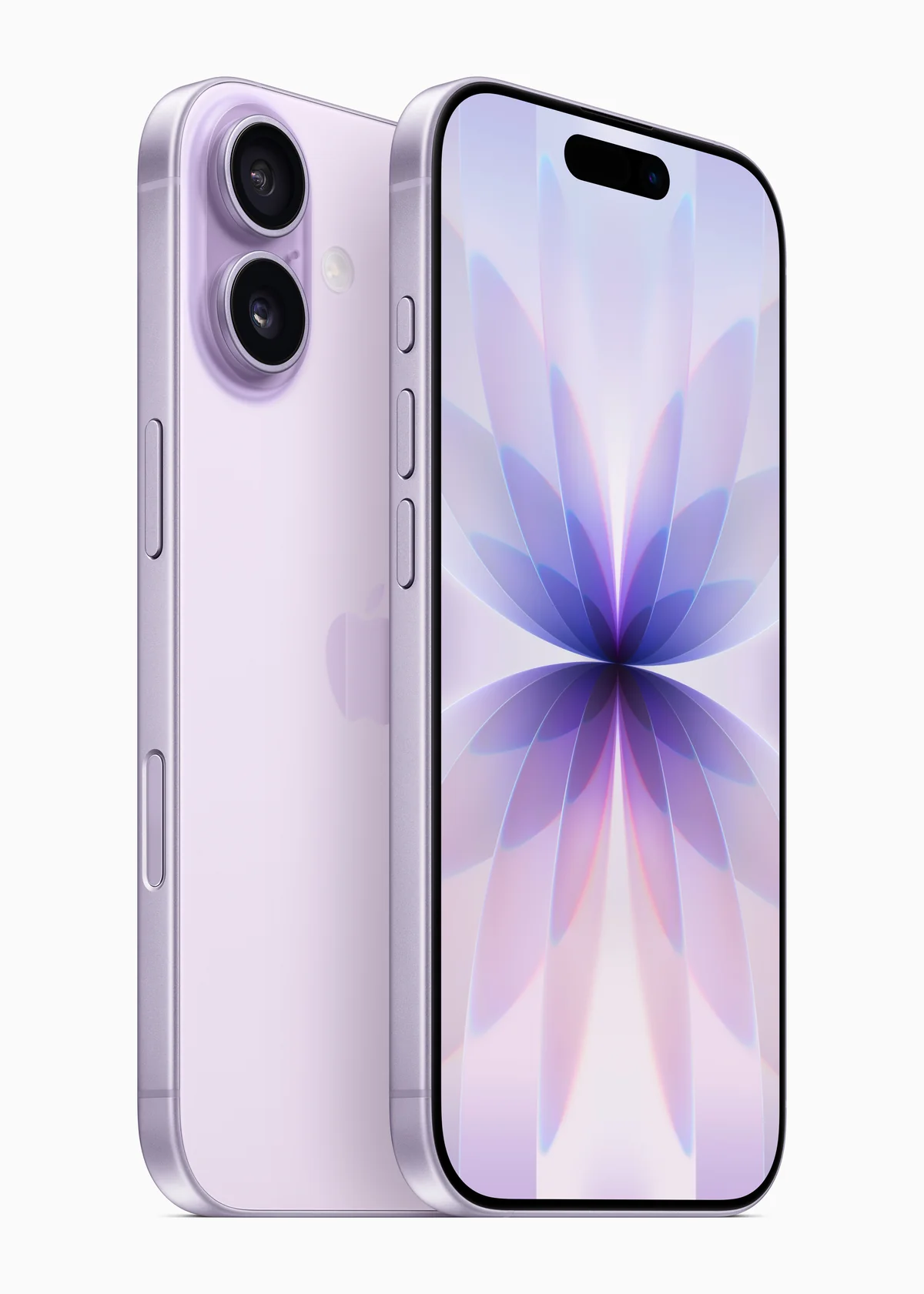 Apple iPhone 17 in Lavender, front and back view