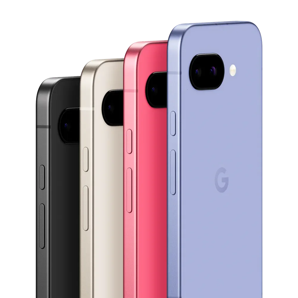 Google Pixel 9a in Obsidian, Porcelain, Peony and Iris colours as a budget travel camera phone