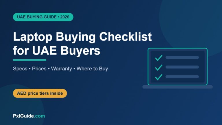 Laptop buying checklist for UAE buyers 2026 — banner with laptop illustration and checklist marks