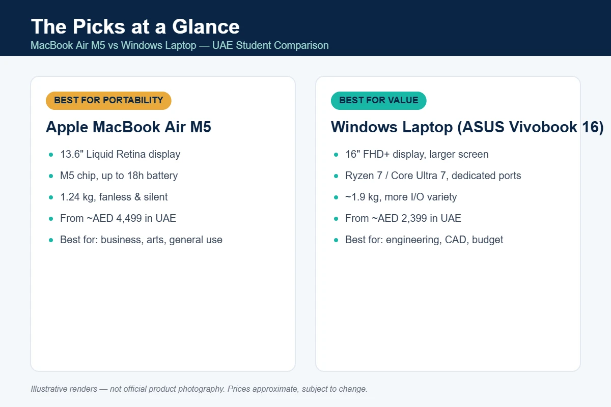 Comparison panel showing MacBook Air M5 and a Windows laptop with UAE pricing and best-use-case labels